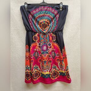Bongo Strapless Sleeveless BOHO Mini Dress in Vibrant Multi Color Size S